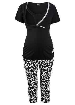 Black Cotton Nursing Capri Pajamas with Print