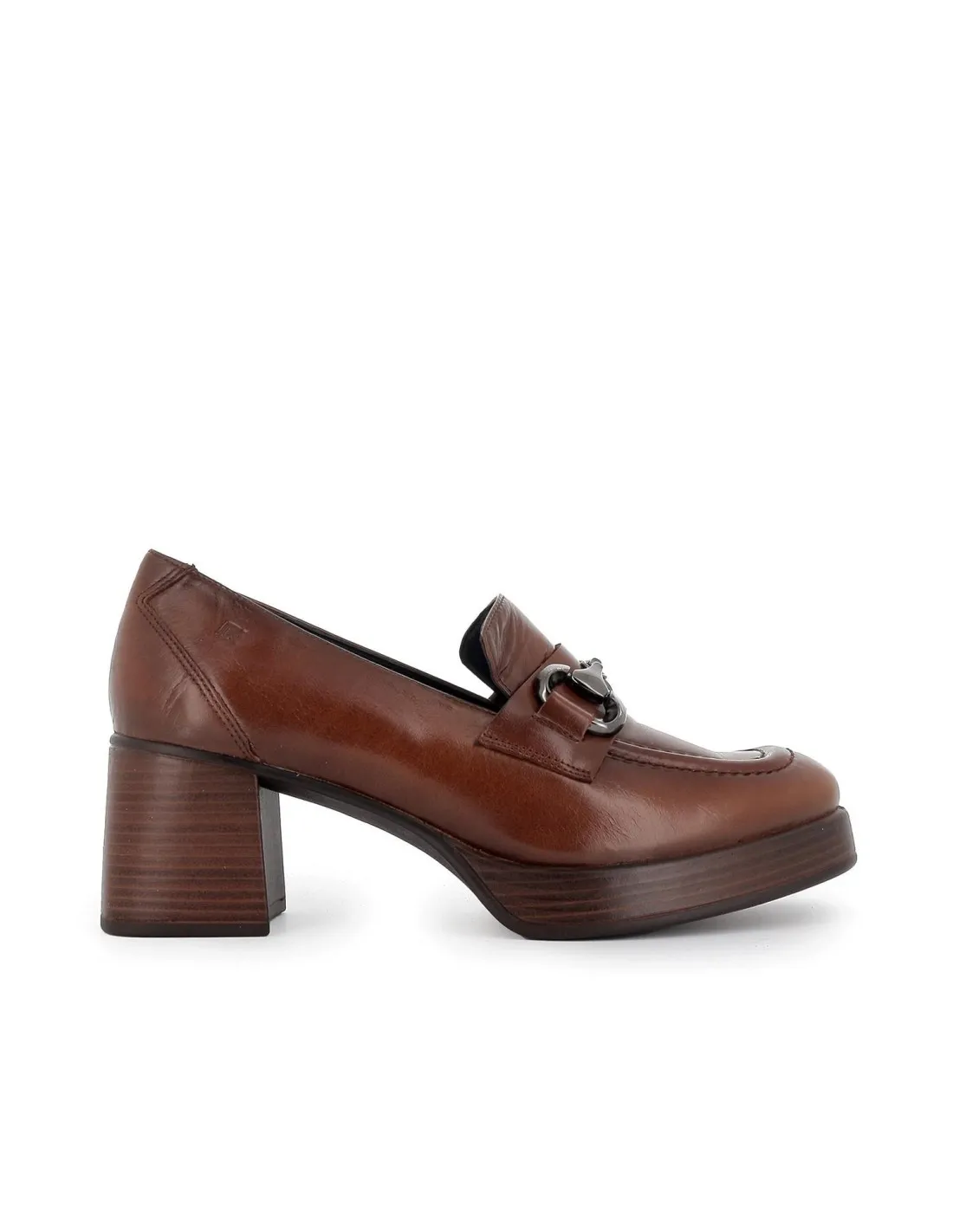 Brown leather moccasin with chunky heel and platform for women by Dorking.