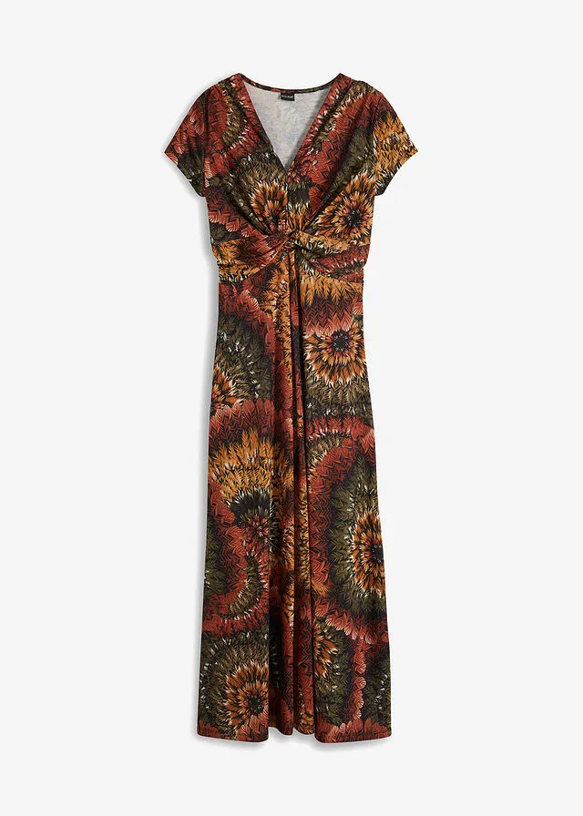 Brown Olive Green Printed Knit Maxi Dress