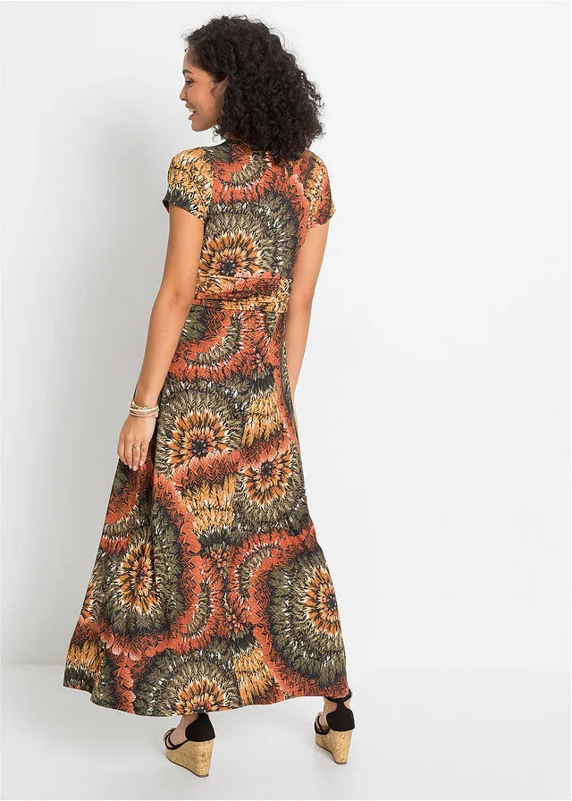 Brown Olive Green Printed Knit Maxi Dress