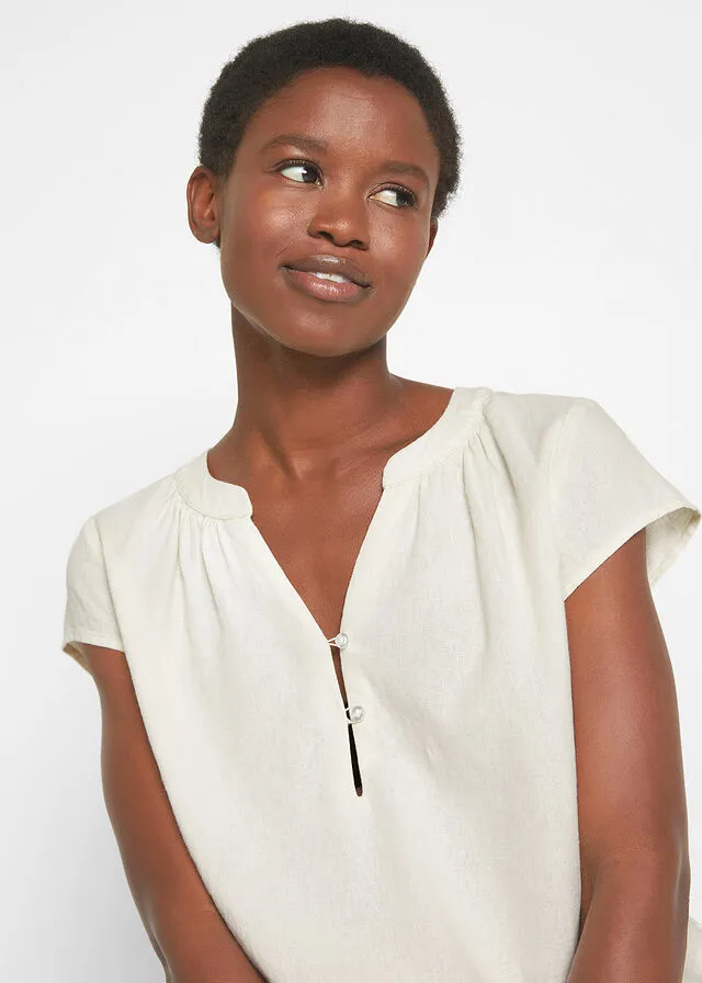 Cream Linen Blouse with Half Sleeve