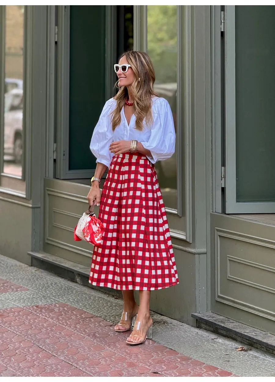 Elga Vichy Plaid Midi Skirt