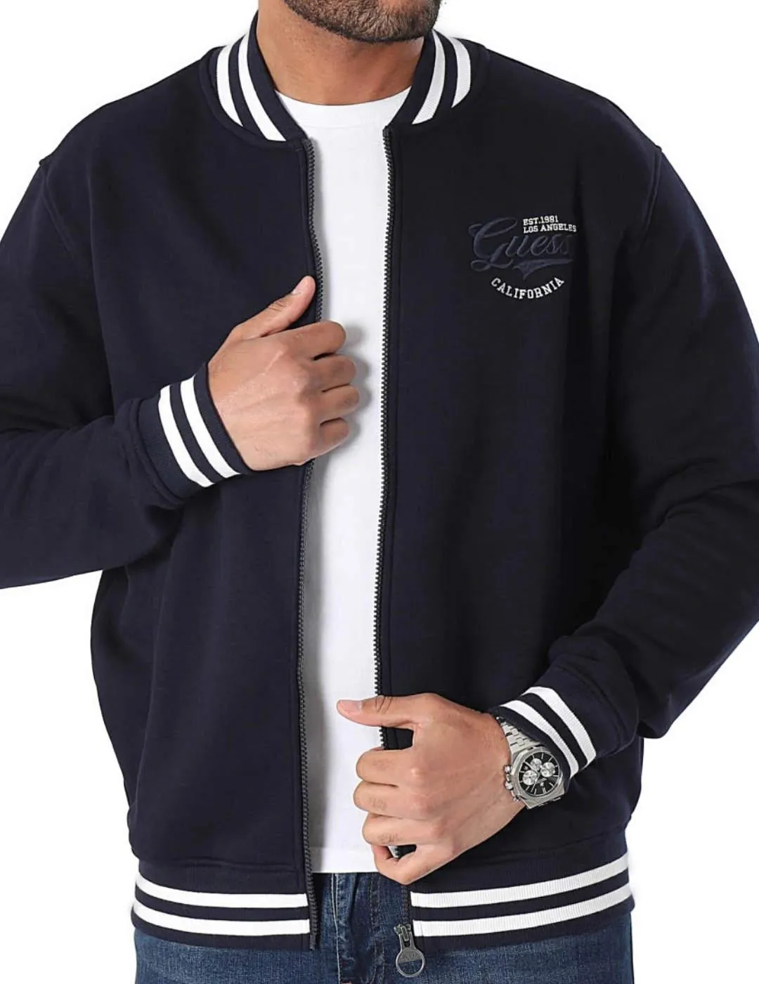 Guess Men's Navy Blue Cotton Full Zip Bomber Jacket