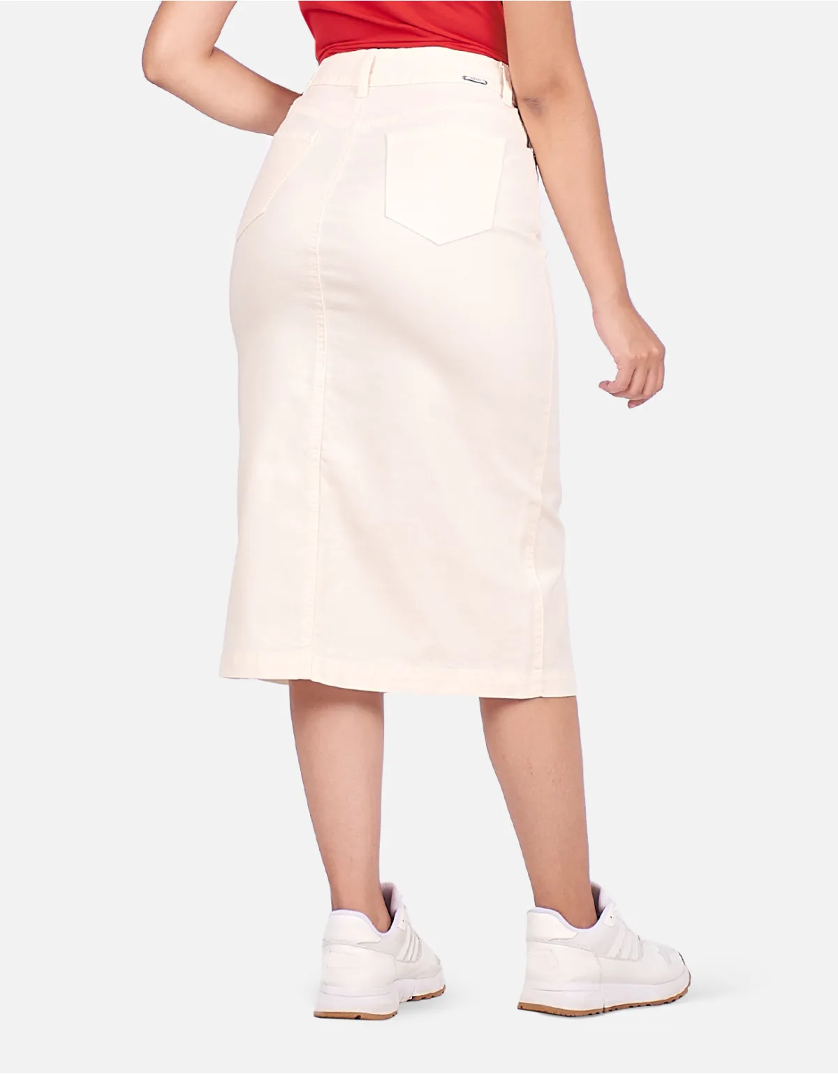 High-waisted bone-colored skirt.