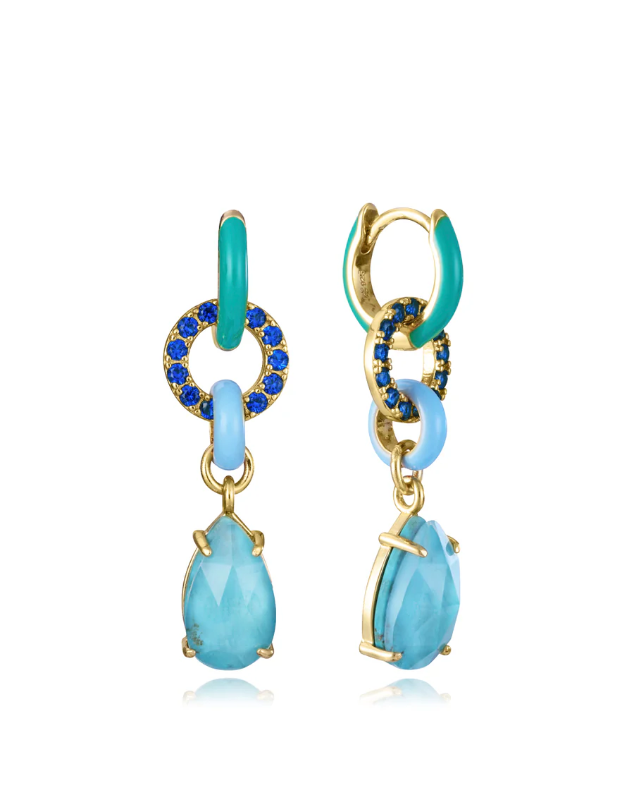 Sterling Silver Earrings with Gold Plating, Hoop Pendant Linked with Blue Cubic Zirconia, Green and Blue Enamel, Necklace