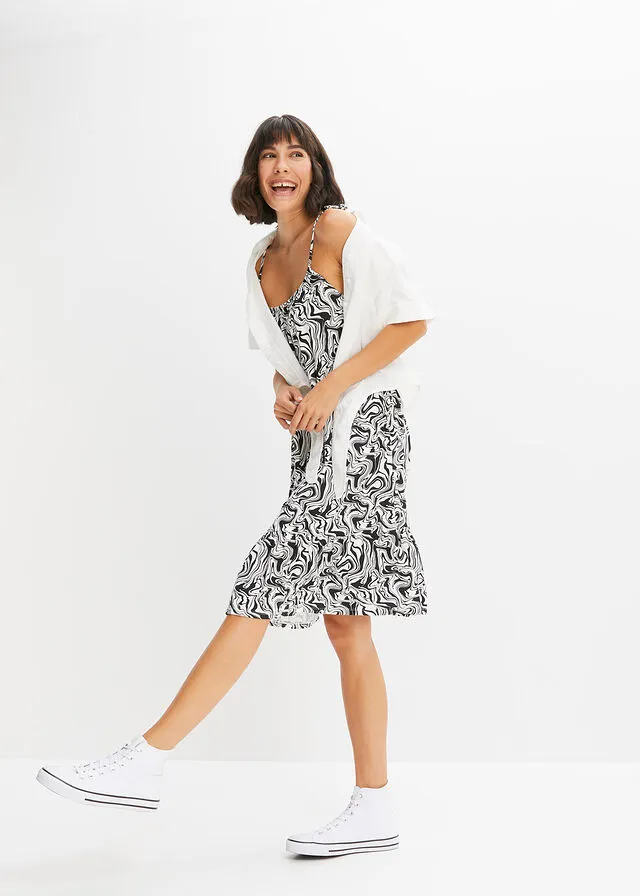 Sustainable viscose knit white-black printed dress